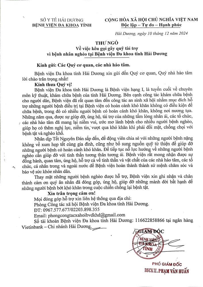 THƯ NGỎ: Về việc kêu gọi gây quỹ tài trợ vì bệnh nhân nghèo năm 2025 tại Bệnh viện Đa khoa tỉnh Hải Dương